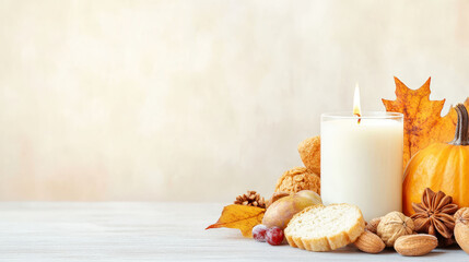 Cozy autumn candle with seasonal food and decorations