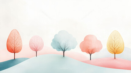 Wall Mural - colorful pastel trees on a rolling landscape under a cloudy sky