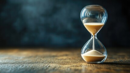 Hourglass with sand flowing, symbolizing time passing, on wooden surface