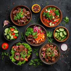 Poster - Spicy Salads Set, Salat Collection with Beef Meat and Vegetables Salats Top View, Restaurant Buffet Menu