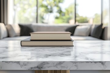 Blank book on table in living room, interior design concept