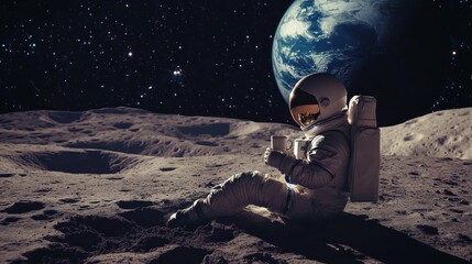 astronaut enjoying a coffee break on the moon