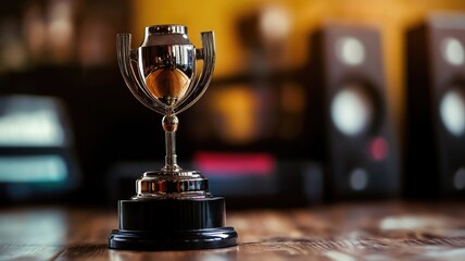 Wall Mural - Shiny trophy cup on wooden table, background blurred