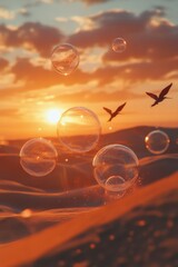 Poster - Sunset over desert landscape with bubbles floating in the air.