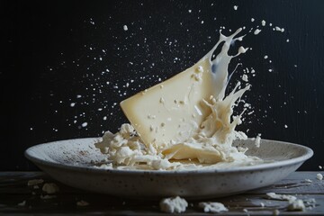 Canvas Print - A Piece of White Cheese Shattering and Splashing in a Bowl