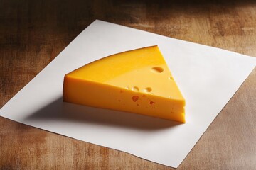 Poster - A Single Wedge of Yellow Cheese with Holes on a White Paper on a Wooden Surface