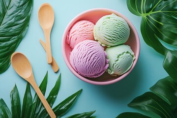 Sticker - Three scoops of ice cream in a pink bowl, surrounded by green leaves and wooden spoons on a blue background.