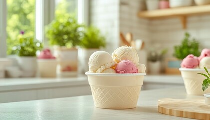 Sticker - Three scoops of ice cream in a waffle cone bowl, with two other bowls in the background.