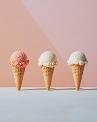 Poster - Three scoops of ice cream in waffle cones on a white surface with pink and peach background.