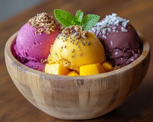 Poster - Three scoops of ice cream with mango, granola, coconut flakes, and chia seeds in a wooden bowl.