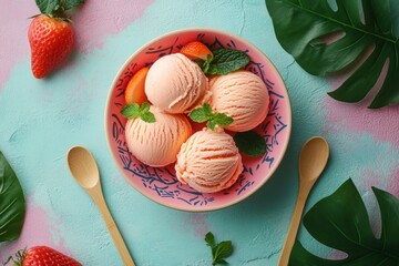 Poster - Three scoops of pink strawberry ice cream with mint leaves in a bowl on a pink and blue background.