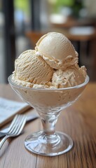 Sticker - Three scoops of vanilla ice cream in a glass bowl on a wooden table.