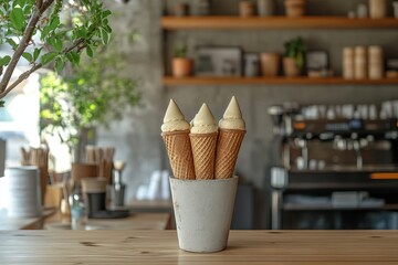 Sticker - Three vanilla ice cream cones in a gray ceramic cup on a wooden counter in a cafe.