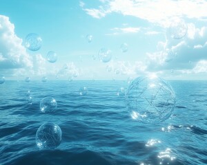 Canvas Print - Transparent spheres floating on a calm blue ocean under a bright, sunny sky.