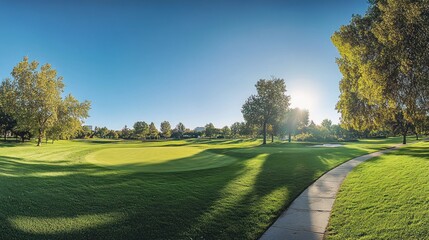 A panoramic view of a golf course with a green, trees, a pathway, and the sun shining in the sky.