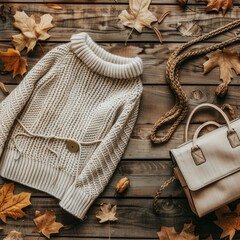 Wall Mural - Warm sweater, bag and dry leaves on brown wooden background, flat lay with space for text. Autumn fashion