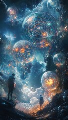 Canvas Print - Two figures stand in awe of a surreal, glowing sky filled with intricate, bubble-like structures.