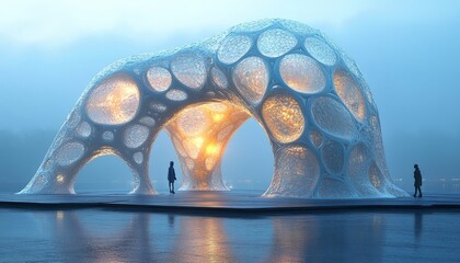 Wall Mural - Two figures stand in front of a futuristic, organic, glowing structure built over a body of water.