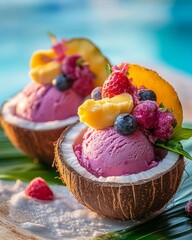 Poster - Two scoops of pink ice cream served in coconut shells topped with mango, pineapple, raspberries, and blueberries.