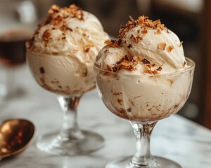 Sticker - Two scoops of vanilla ice cream topped with crunchy nuts, served in glass bowls on a marble table.