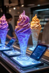 Sticker - Two swirls of soft serve ice cream in tall glasses with glowing bases on a display stand.