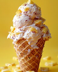 Poster - Vanilla ice cream cone with pineapple chunks on a yellow background.