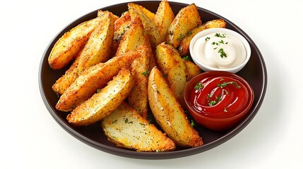 Crispy Potato Wedges with Tangy Ketchup and Mayonnaise Dip isolated on white background