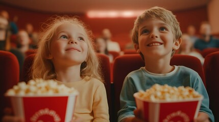 Toddler kids in the cinema on the red seats, holding a cardboard basket or bucket full of popcorn food snack for spectator to eat during the entertainment in theater or cinema, smiling at camera