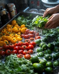 Poster - Washing fresh produce, including tomatoes, peppers and greens, for a salad.