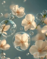 Wall Mural - White flowers and bubbles float in the air against a blue sky.