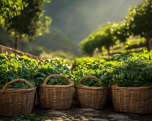 Wall Mural - Wicker baskets full of freshly harvested leafy greens in a farm setting at sunrise.