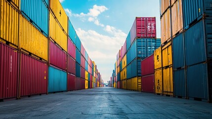 Colorful cargo containers stacked in a shipping port terminal for international trade and logistics