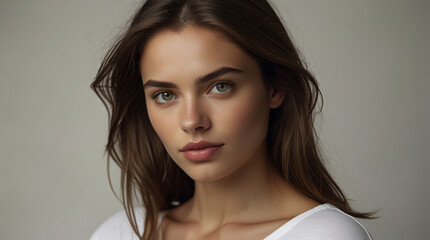 Close up portrait of beautiful female model in 20s with perfect glowy skin in basic white t shirt.