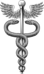 Canvas Print - Caduceus staff of Hermes medical or commerce symbol. Snakes around a winged rod. Often used in place of the rod of Asclepius doctor icon for medicine and health care. Vintage woodcut etching style.