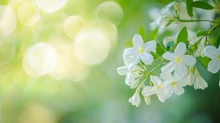 Wall Mural - Close-up of delicate white flowers blooming on a branch with a bokeh background.