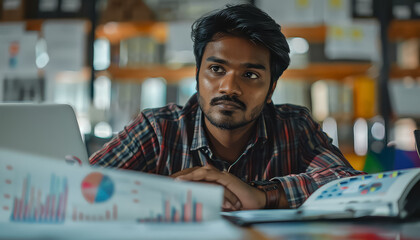 Canvas Print - A man is sitting in front of a computer with a pen in his hand