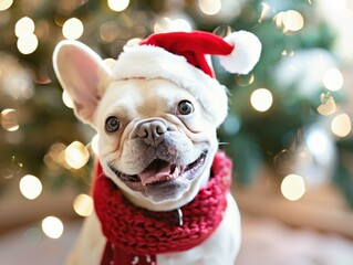 Poster - A dog in a Santa hat and scarf smiles for the camera. AI.