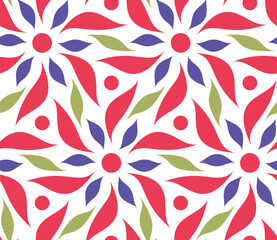 Wall Mural - Seamless geometric floral pattern. Abstract red, purple, and green flowers on a white background. Elegant and simple design. Decorative vector illustration. 