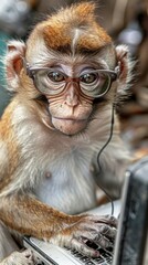 Canvas Print - A monkey wearing glasses types on a laptop. AI.