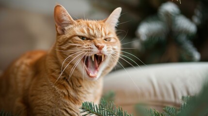 Poster - A ginger cat with its mouth open, showing its teeth. AI.