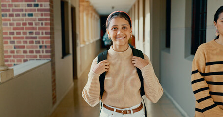 Poster - Happy, corridor and portrait of girl at school with backpack for learning, studying or knowledge. Smile, teenager and student from Mexico in hallway of academy for education class with scholarship.