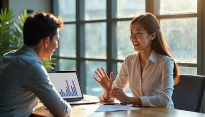 Two business people discussing new ideas at meeting