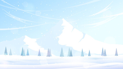 Wall Mural - Snowy mountain landscape with trees against a clear blue sky. Snowfall. Concept of natural winter landscape. Vector illustration.