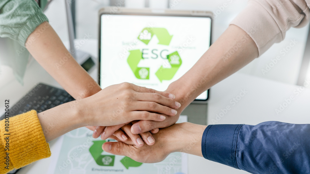 Closeup businesspeople shaking hands over ESG Environmental, Social ...