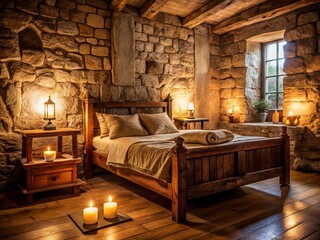 Poster - Vintage Style Cozy Bedroom with Stone Wall, Wooden Bed, and Candlelit Niches for Relaxing Atmosphere, Rustic Decor, Warm Lighting, and Inviting Ambiance