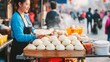 © Nongluk Tama - Street vendor with steamed buns, rustic cart, traditional flavors, local crowd, Asian street food, comfort food