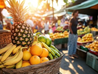 A bustling marketplace filled with fresh fruit under bright sunlight, capturing the spirit of community, commerce, and the organic beauty of nature's bounty.