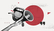 © accogliente - Trendy Halftone Collage screaming mouth, hand and megaphone. Advertising banner with loudspeaker for sale, promotion and marketing. News announcement. Contemporary art vector illustration