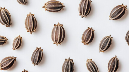 A close-up of rare ajwain seeds with their tiny, oval shape and ridged texture, scattered on a white background