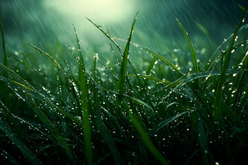 Canvas Print - Raindrops glistening on lush green grass in a tranquil garden